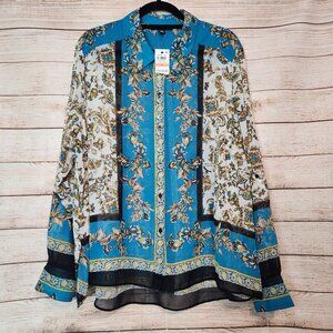 New INC International Concepts Blouse Size 3X Button Up V-Neck Roll Tab Sleeve